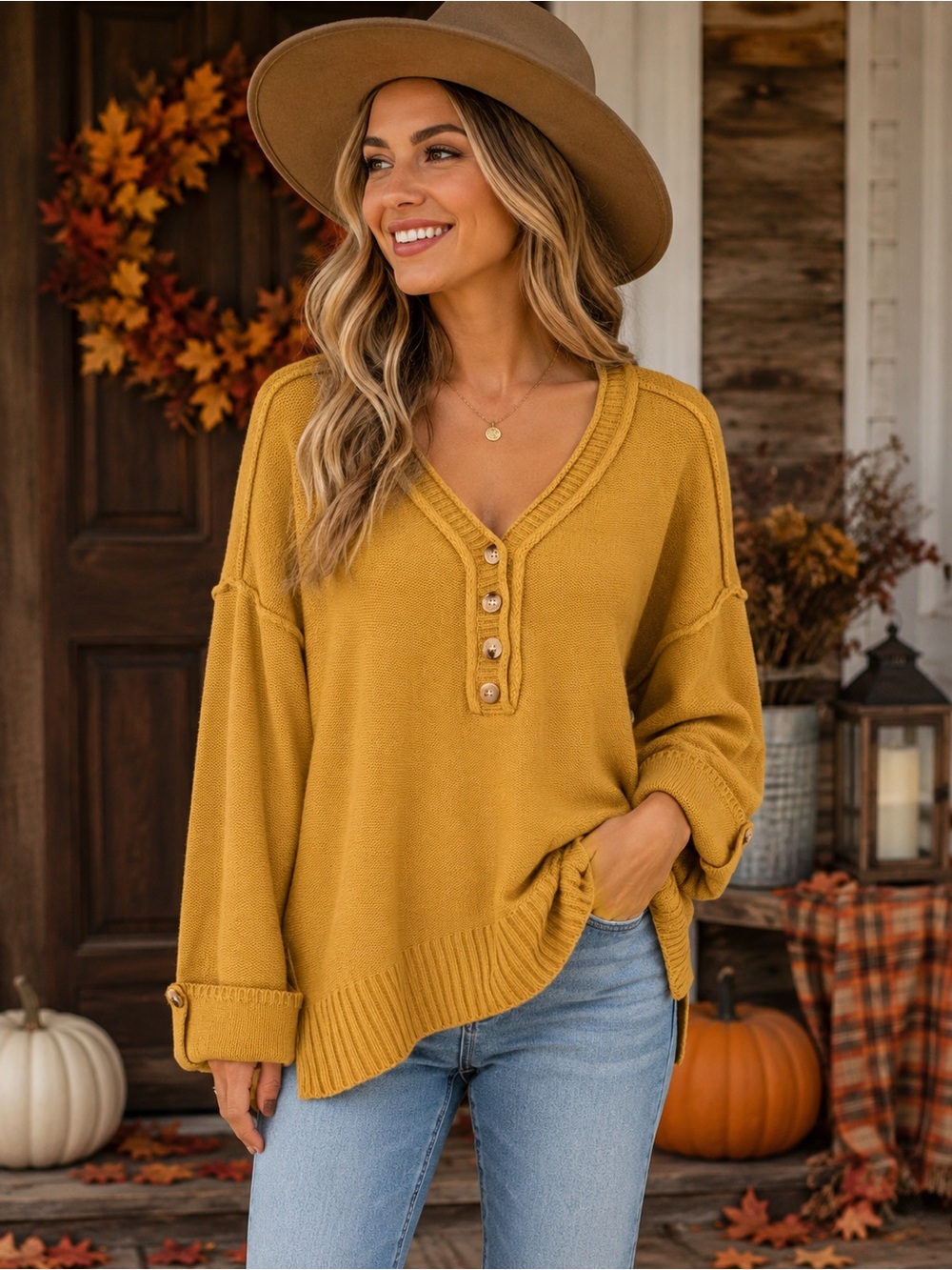 Jodifl Oversized Mustard Henley Sweater | Size Large | Cozy Fall Knit